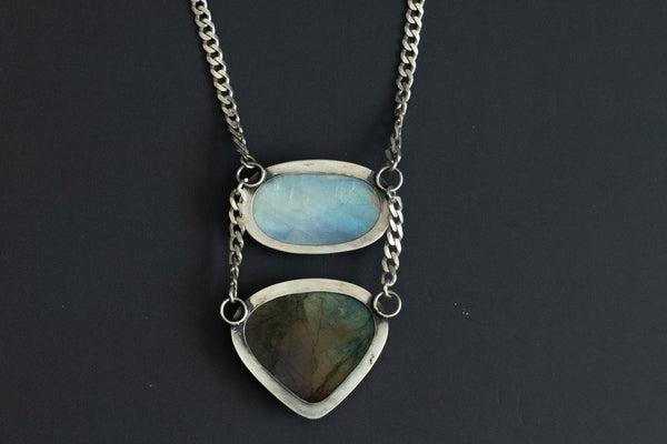 Moonstone and labradorite sterling silver statement necklace back view