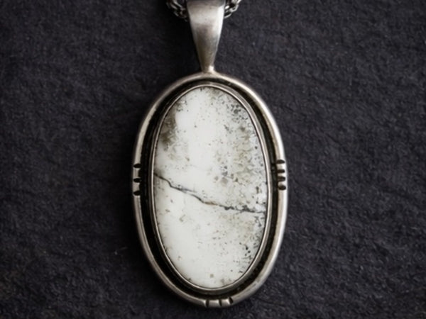 White buffalo stone set in sterling silver pendant with hand stamped details 