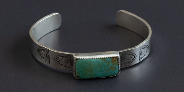 Rectangle campitos turquoise stone set in a thick gauge sterling silver cuff, hand stamped  and handmade