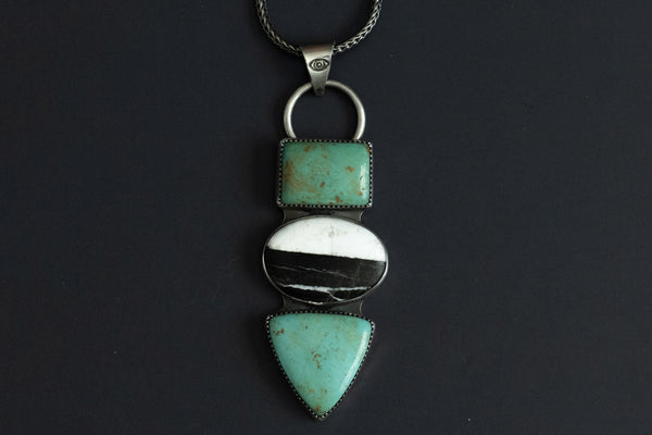 Handmade Kingman Turquoise and White Buffalo stone necklace in sterling silver with oxidized foxtail chain
