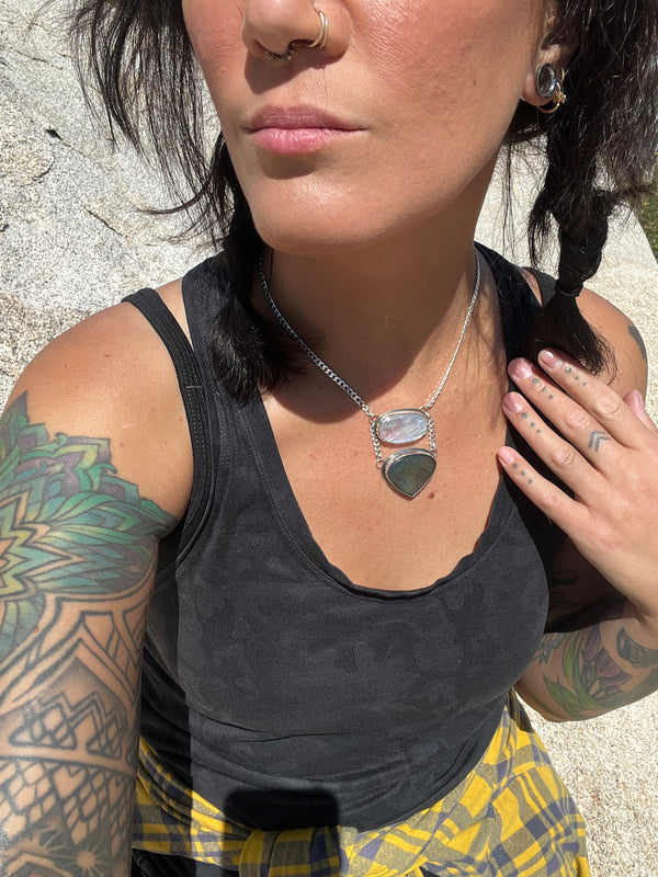 Labradorite and moonstone necklace on a person