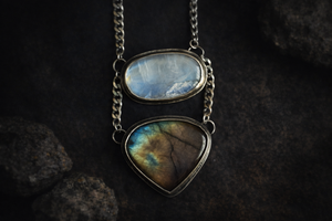 Handmade Moonstone and Labradorite stone necklace in sterling silver with natural gemstone shimmer