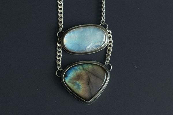 Close up of moonstone labradorite pendant necklace showing natural color and sterling silver setting