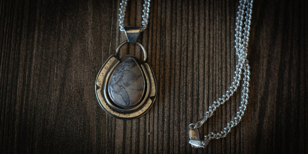 Porcelain jasper stone necklace with sterling silver chain and artisan craftsmanship
