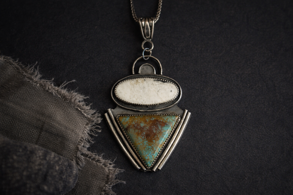 Royston Turquoise and White Buffalo stone necklace in sterling silver with natural patterns