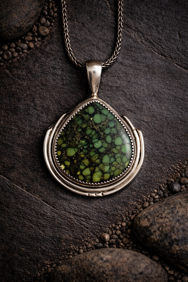 Handmade Starfox Variscite stone necklace in sterling silver with natural green and blue variscite pattern