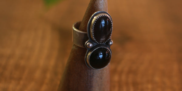 SMOKEY QUARTZ + ONYX RING - 7